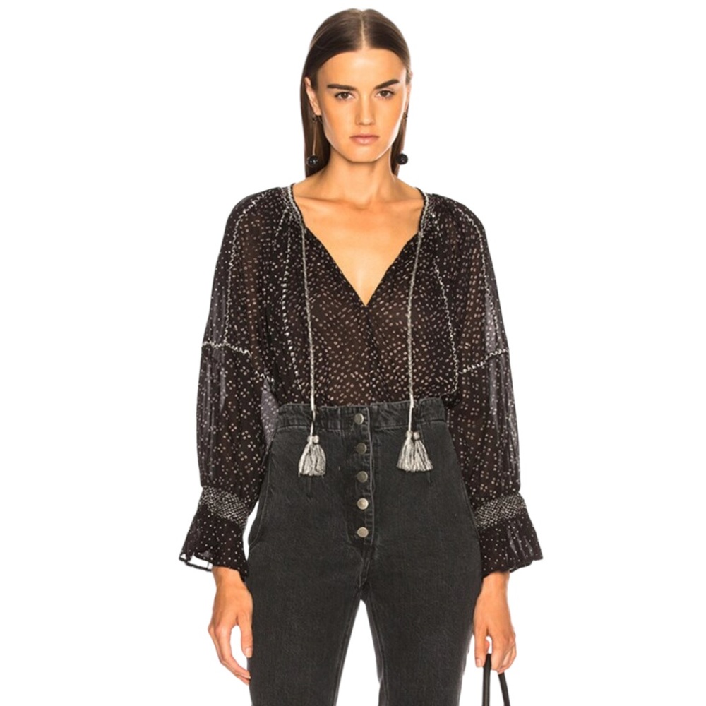 ULLA JOHNSON Ritsa Embroidered Cotton Tassel Blouse in Noir